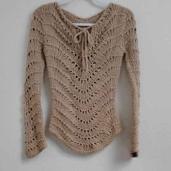 Yarns Sweaters - Y2K Boho Coquette Cottagecore Festival  Beach Tan Open Knit Tie Front Sweater
